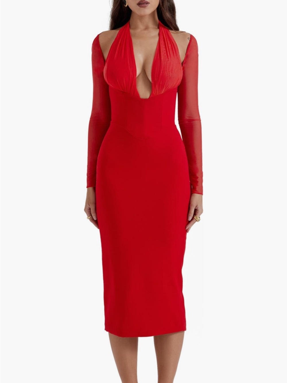 House of CB Yasmin Red Plunge Midi Dress with Sheer Long Sleeves